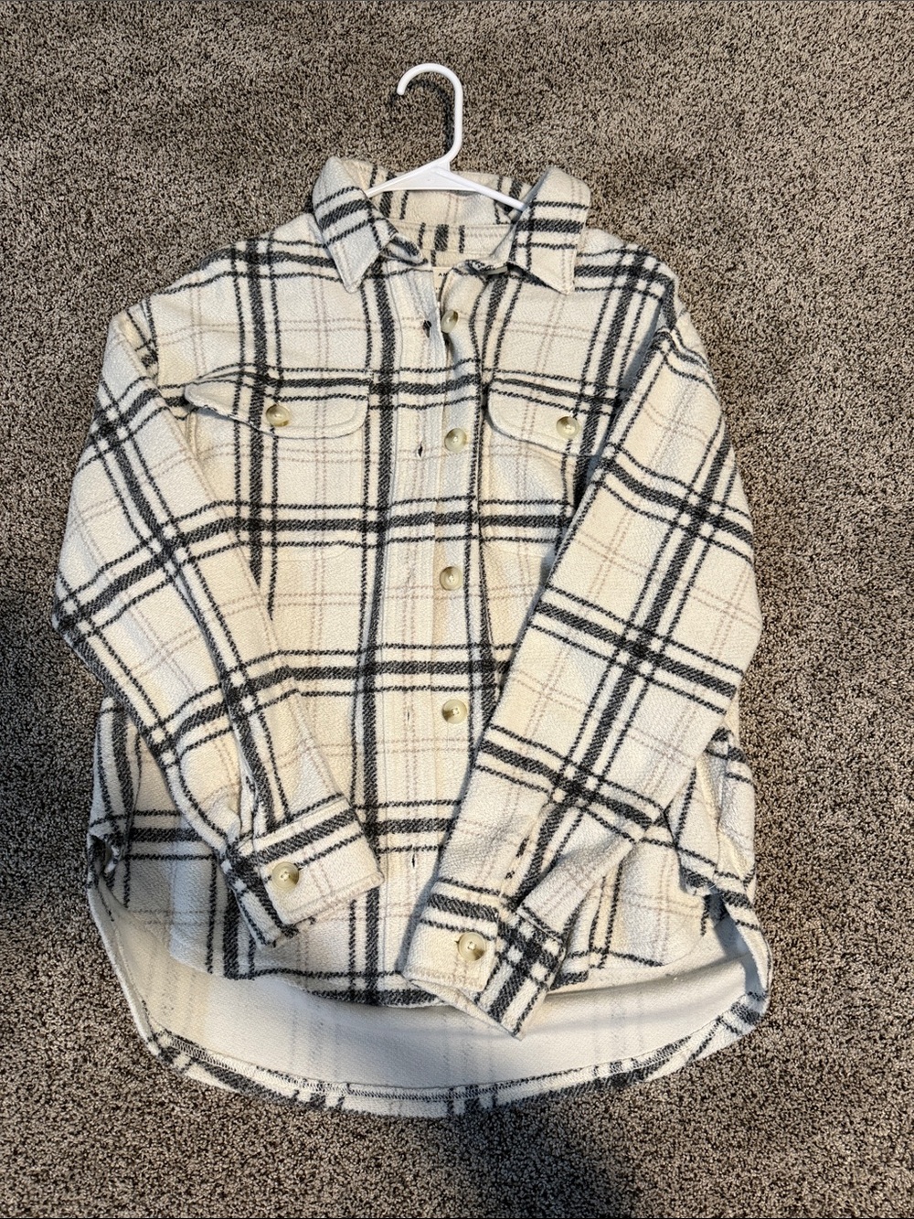 American Eagle Cream and Black Plaid Shacket